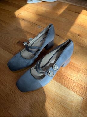 Miu Miu Gray Satin Mary Jane Block Heel Pumps